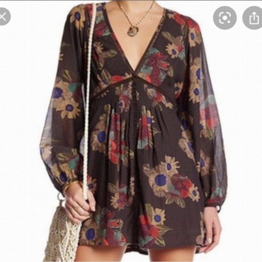 Free People Strawberry Field Mini Dress Gray Floral Dress Medium
